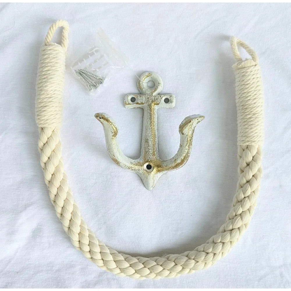 NWOT Nautical Anchor Rope Towel Holder hardware incl White + Gold